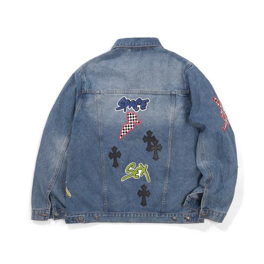 Chrome Hearts Patchwork Denim Jacket - Vintage Blue Gothic Street Jacket 0789